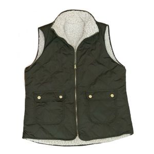 Quilted Sherpa lined full zip double pocket olive green vest